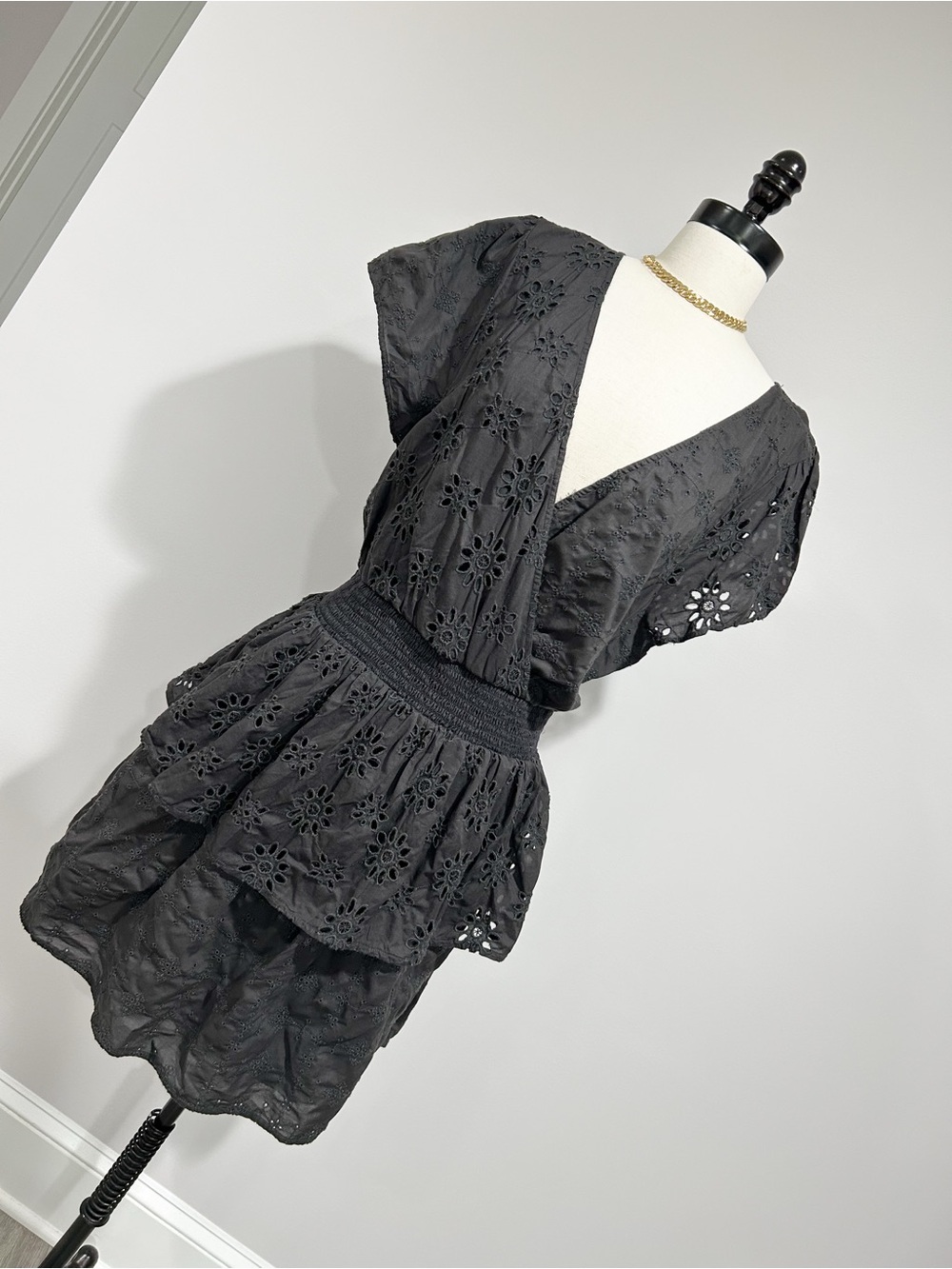 American Eagle Outfitters Black Eyelet V-Neck Peplum Dress